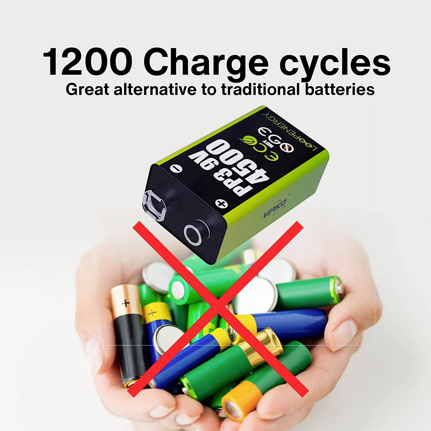 '1200 cycles de charge. Une bonne alternative aux batteries conventionnelles.' Une batterie est mise en valeur et comparée à une pile d'autres batteries.