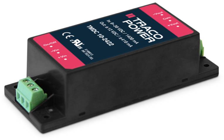 Convertisseur de Traco Power avec boîtier rouge et noir. Inscription : 'Entrée DC 9-36V', 'Sortie 12V', Modèle : 'TMD-12'. Connexions à gauche.