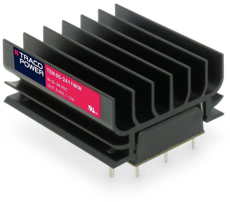 Unité d'alimentation électrique avec dissipateur thermique à ailettes, étiquetée 'Traco Power TEN 60-2411WIR', entrée 9-36 VDC, sortie 5 VDC/12A.