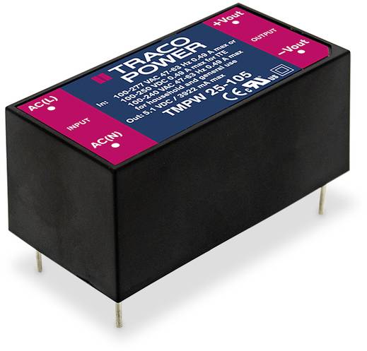 Module de transformateur Traco Power TMPW 25-105 de forme rectangulaire avec 3 bornes d'entrée et 2 bornes de sortie, marquage CE.