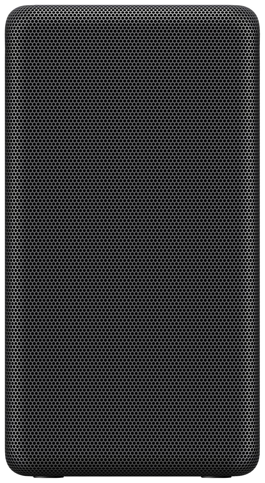 Haut-parleur noir rectangulaire avec une grille métallique de couverture.