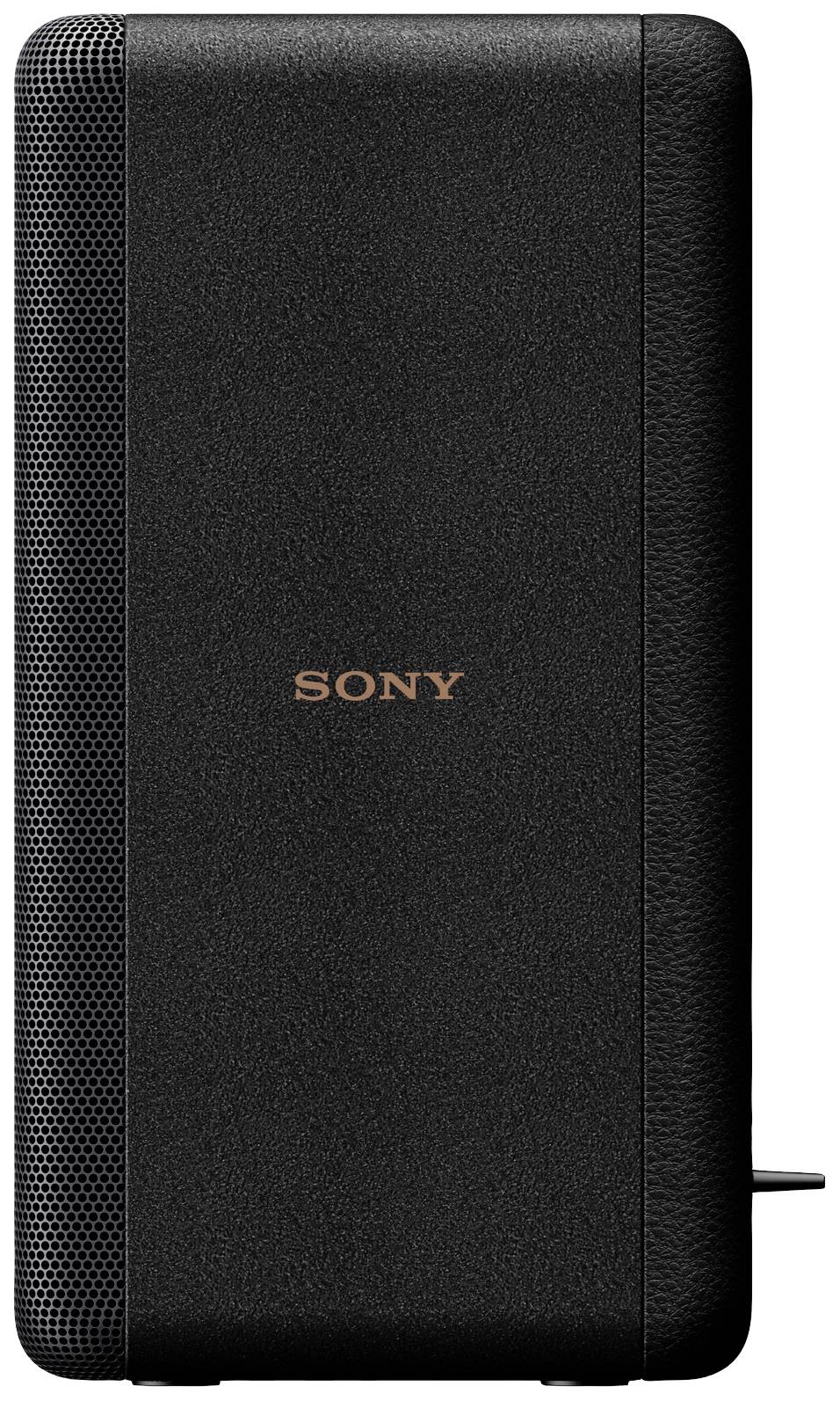 Enceinte portable noire avec le logo Sony au centre. Forme rectangulaire, grilles latérales pour les haut-parleurs, design épuré.