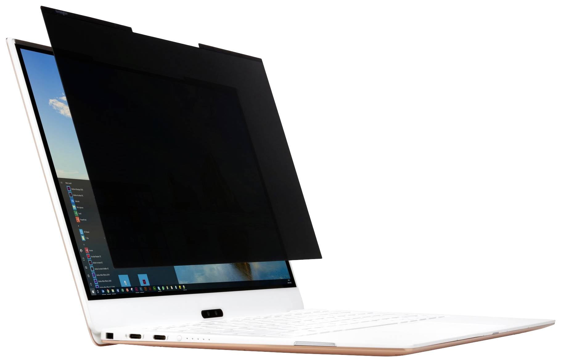 Un ordinateur portable blanc sur une table, équipé d'un filtre de confidentialité noir qui protège le contenu de l'écran des regards indiscrets latéraux.