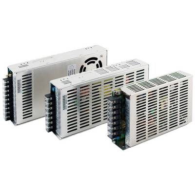 Trois alimentations industrielles avec des boîtiers métalliques ventilés. Elles sont alignées les unes à la suite des autres et montrent leurs bornes de connexion et leurs fentes de ventilation.