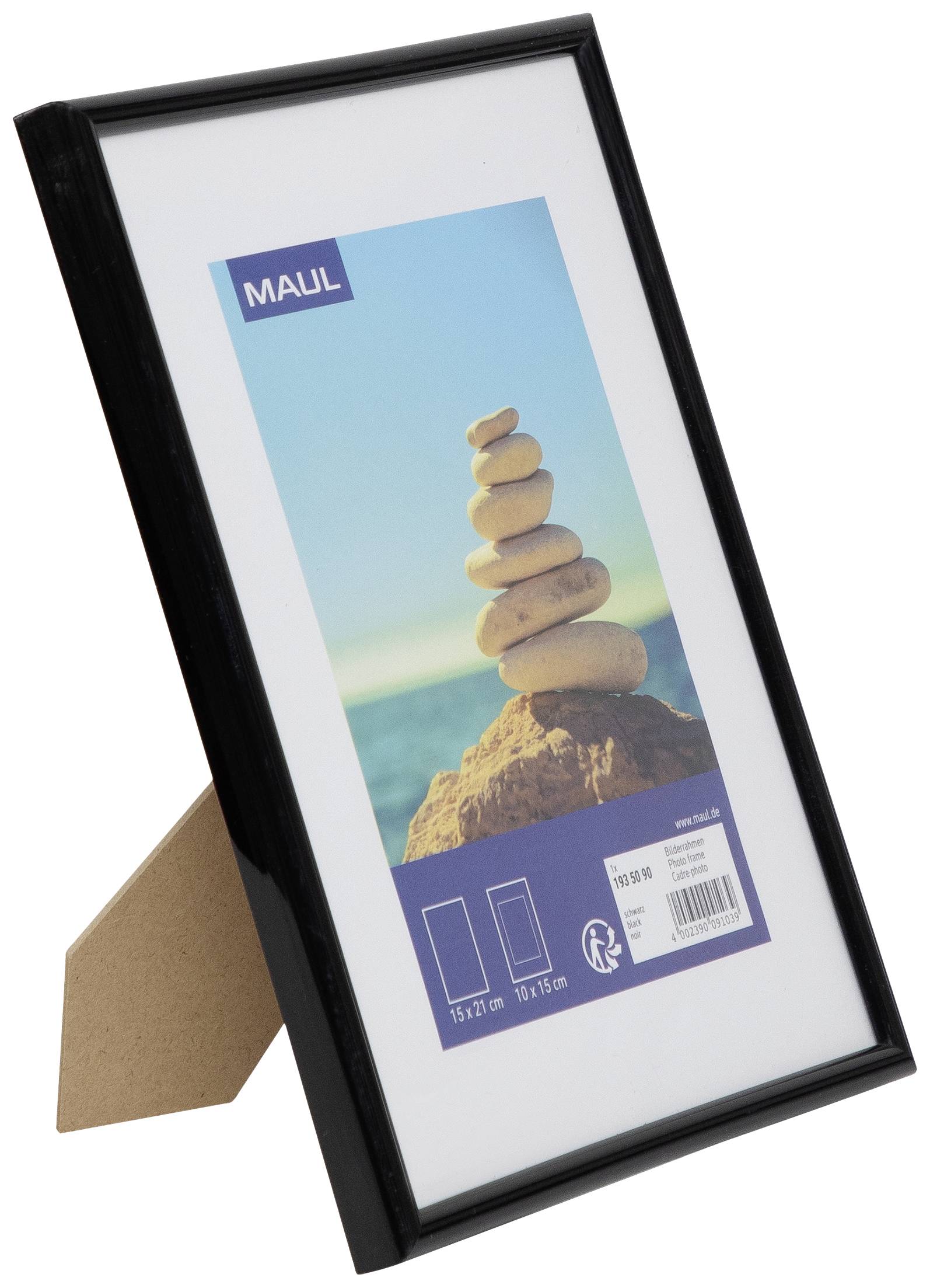 Un cadre photo noir avec support, posé verticalement. L'image à l'intérieur représente des pierres empilées sur une plage.