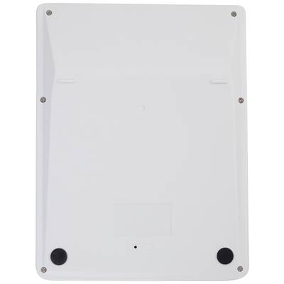 Dos d'un appareil électronique rectangulaire blanc avec des vis aux coins et deux pieds en caoutchouc noir à la base.