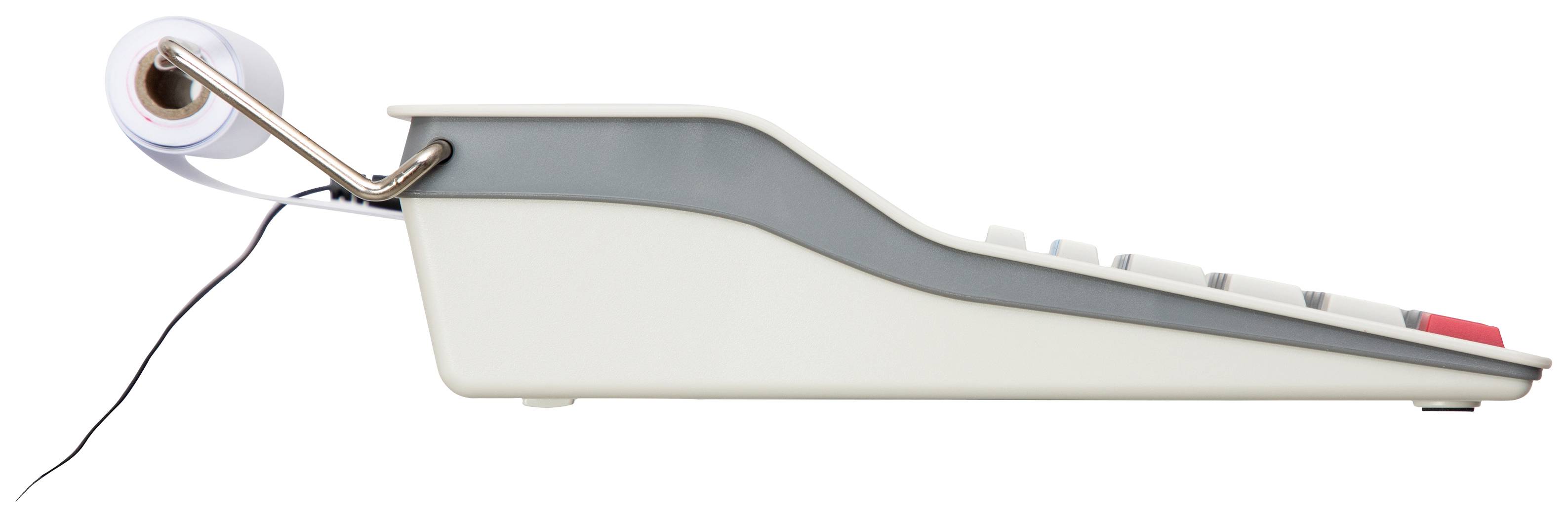 Vue latérale d'une calculatrice blanche avec un rouleau de papier, symbole de comptabilité ou de finances.