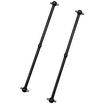 Deux tiges noires droites avec des articulations sphériques à chaque extrémité, sur un fond blanc.