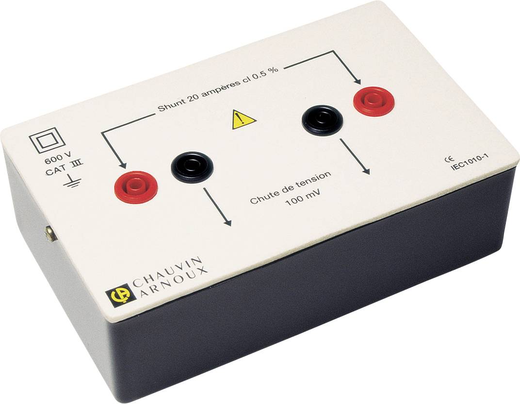 Un appareil de mesure électrique avec les inscriptions : 'Shunt 20 ampères cl 0,5 %', 'Chute de tension 100 mV', '600 V CAT III', 'IEC 61010-1'.