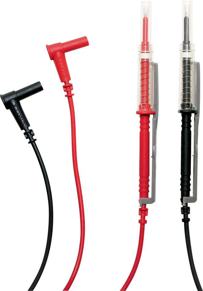 Deux câbles de test, l'un noir et l'autre rouge, avec des fiches isolées et des sondes, adaptés aux tests et mesures électroniques.
