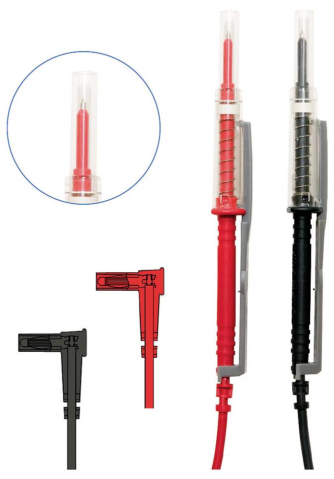 Deux pointes de test en rouge et noir côte à côte. Chaque pointe dispose d'un capuchon de protection et d'un ressort spiral. Gros plan sur la pointe rouge.