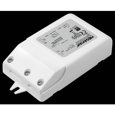 Capot blanc en plastique d'un transformateur électronique avec spécifications techniques et connexions, adapté aux luminaires LED.