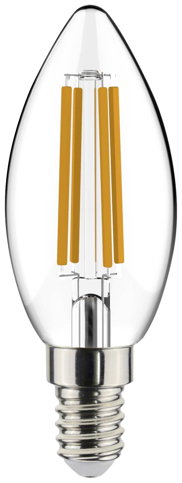 Une ampoule LED en forme de bougie avec filament apparent, verre transparent, douille métallique.