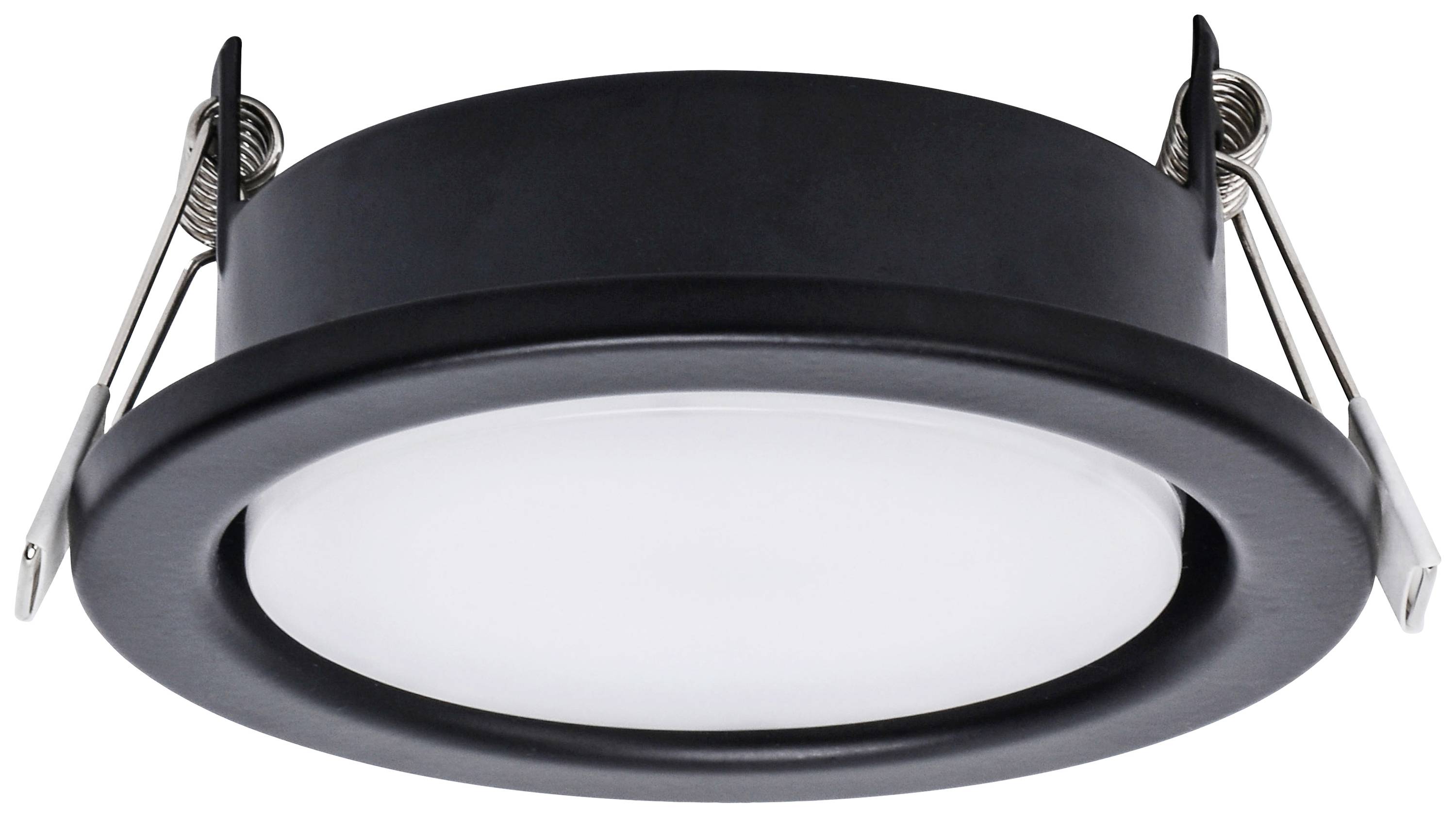Projecteur encastrable LED rond noir avec lumière blanche, supports métalliques latéraux visibles.
