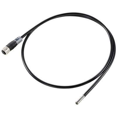 Un câble noir avec une fiche métallique et un composant cylindrique à l'extrémité, probablement un câble coaxial.