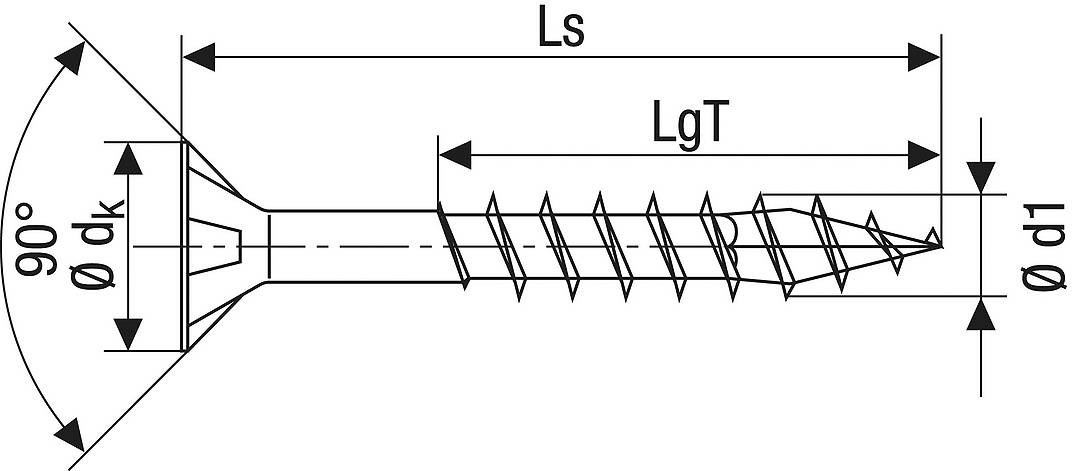 Dessin technique d'une vis à tête fraisée. Sont marqués la longueur (Ls), la longueur de filetage (LgT), le diamètre de tête (ø dk) et le diamètre extérieur de filetage (ø d1).