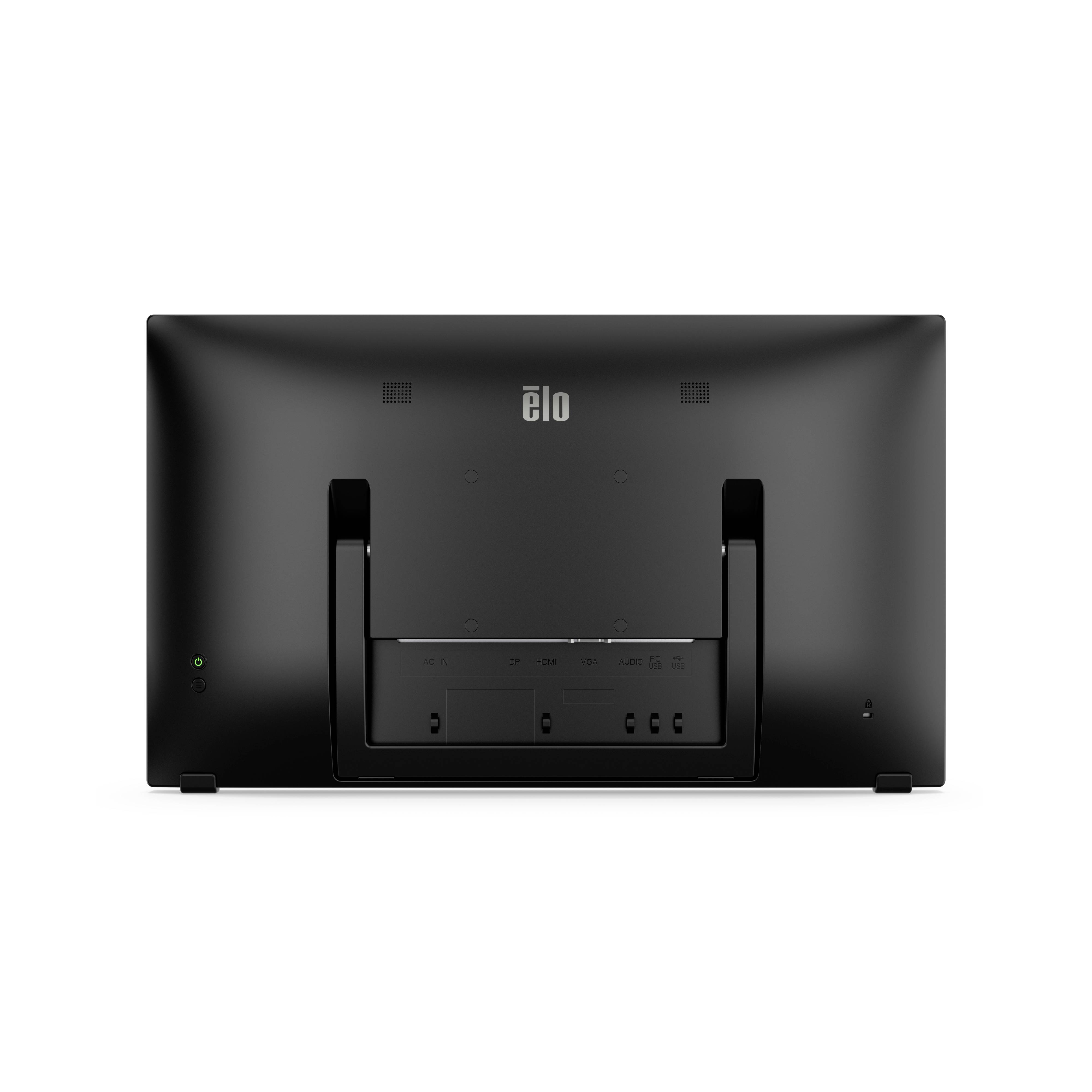 Vue arrière d'un moniteur noir avec deux pieds de support et plusieurs ports situés sur la partie inférieure arrière.