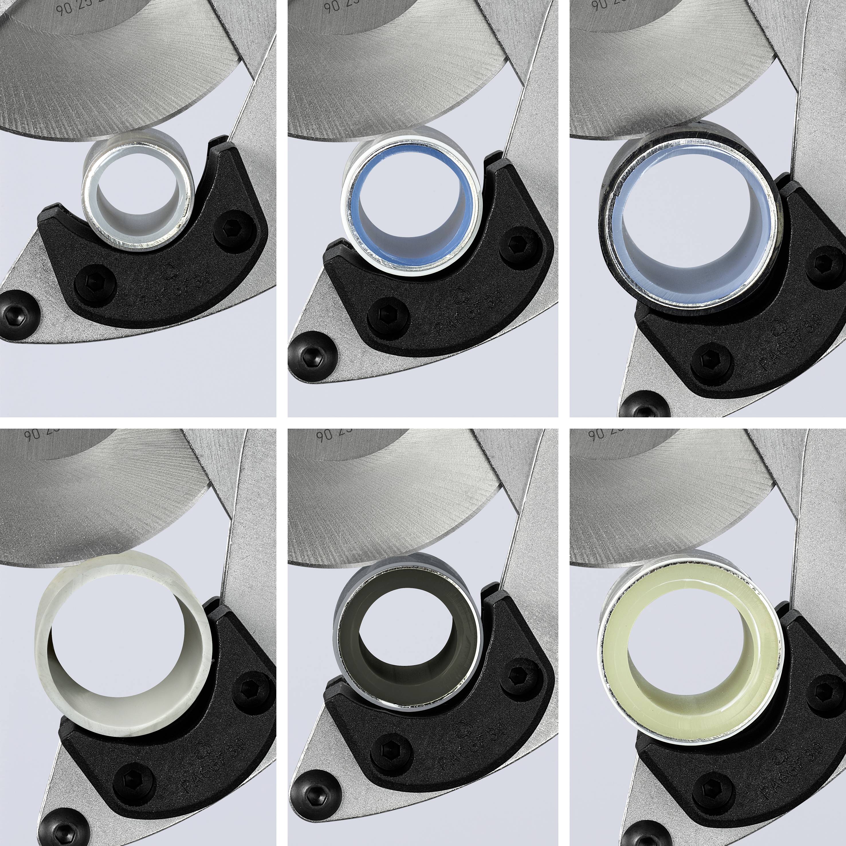 Six objets cylindriques en matériaux différents dans un appareil de mesure, représentés en deux rangées de trois images chacune.