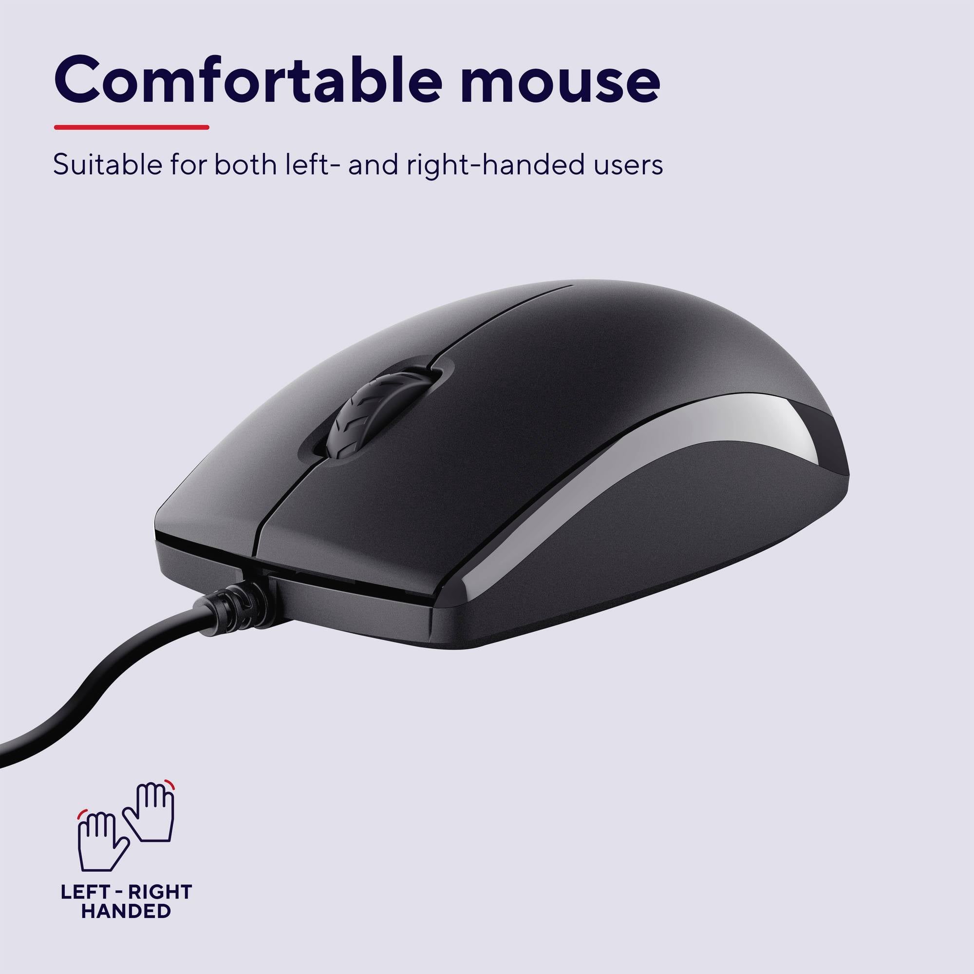 Une souris d'ordinateur noire avec câble, adaptée aux droitiers et aux gauchers, sur un fond gris avec le texte 'Souris confortable'.