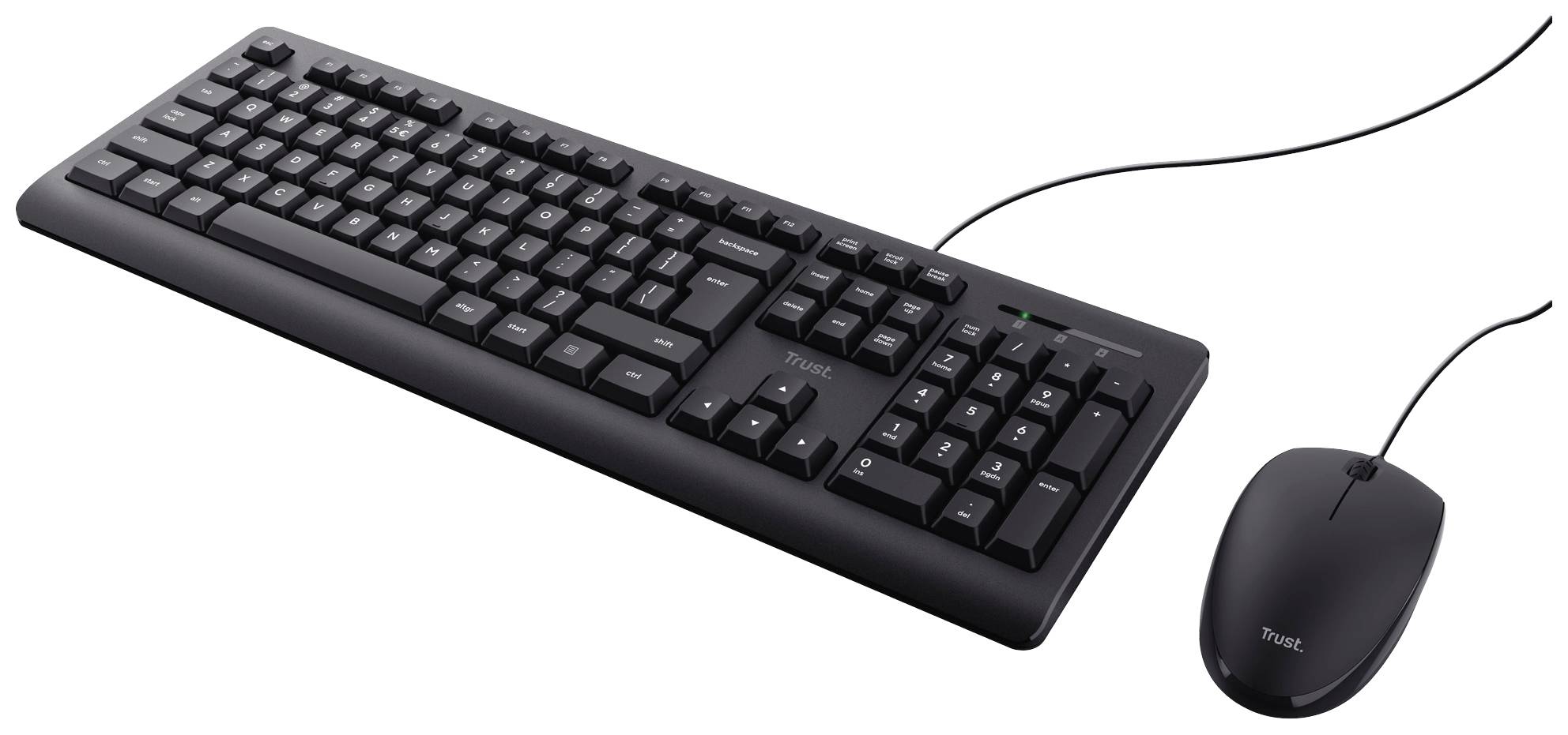 Clavier filaire noir et souris d'ordinateur sur fond blanc. Le clavier dispose d'une disposition standard, et la souris possède deux boutons.
