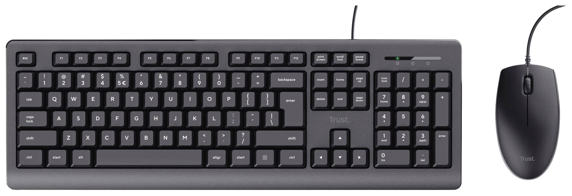 Ensemble clavier et souris en noir, avec connexion filaire. Le clavier dispose d'une disposition standard incluant un pavé numérique.