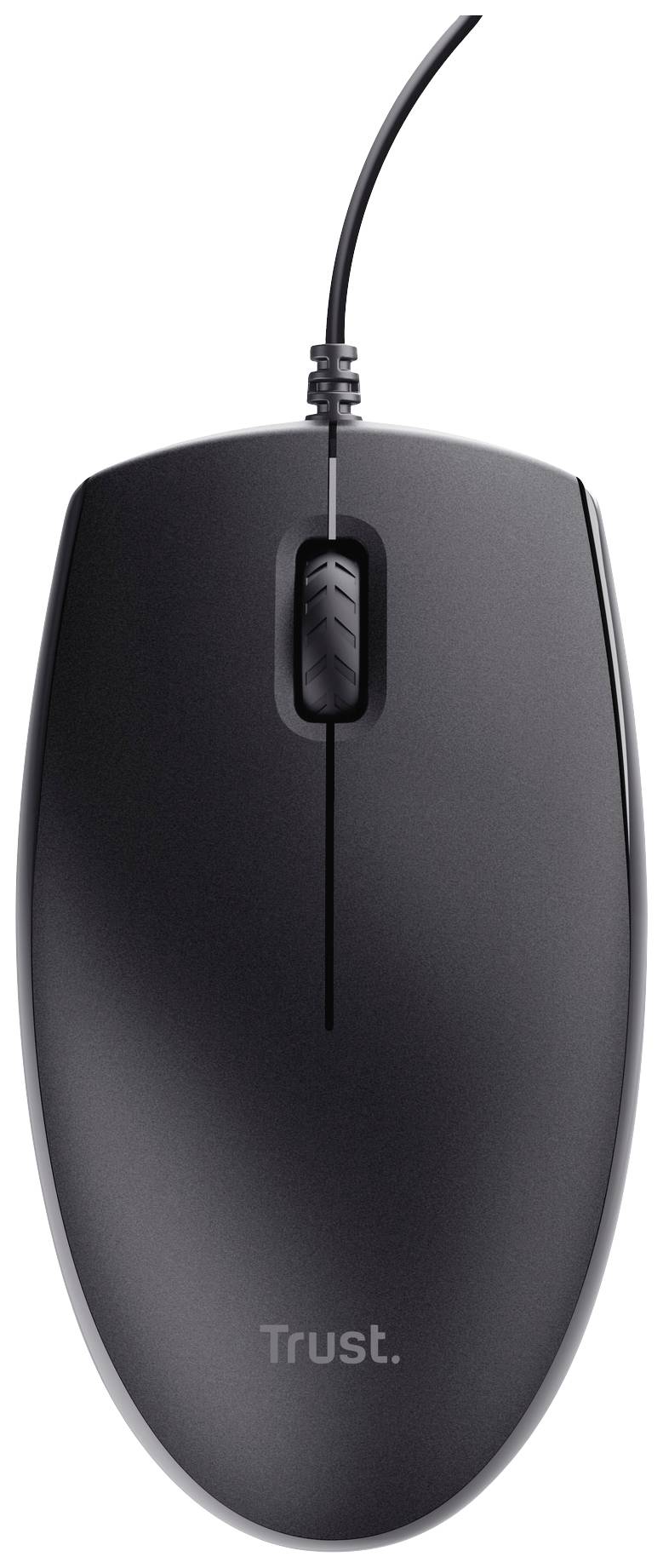 Souris d'ordinateur filaire noire avec le logo 'Trust' sur l'avant, forme ergonomique simple.