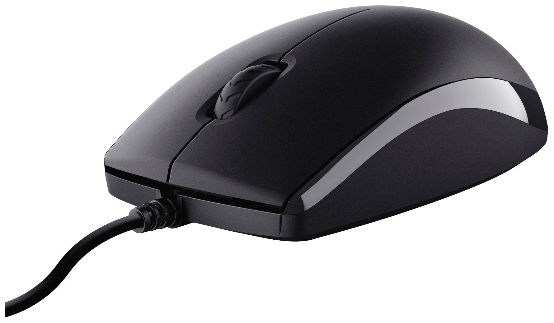 Une souris d'ordinateur noire avec câble, design ergonomique, sur une surface blanche.