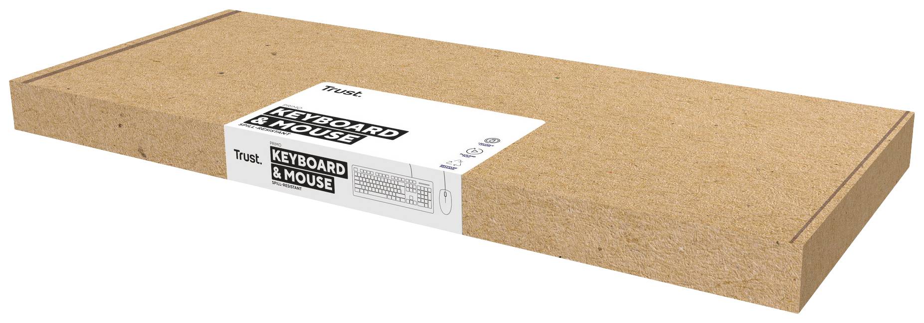 Carton brun rectangulaire avec une étiquette blanche sur laquelle est inscrit 'Keyboard & Mouse'. Emballage de Trust.