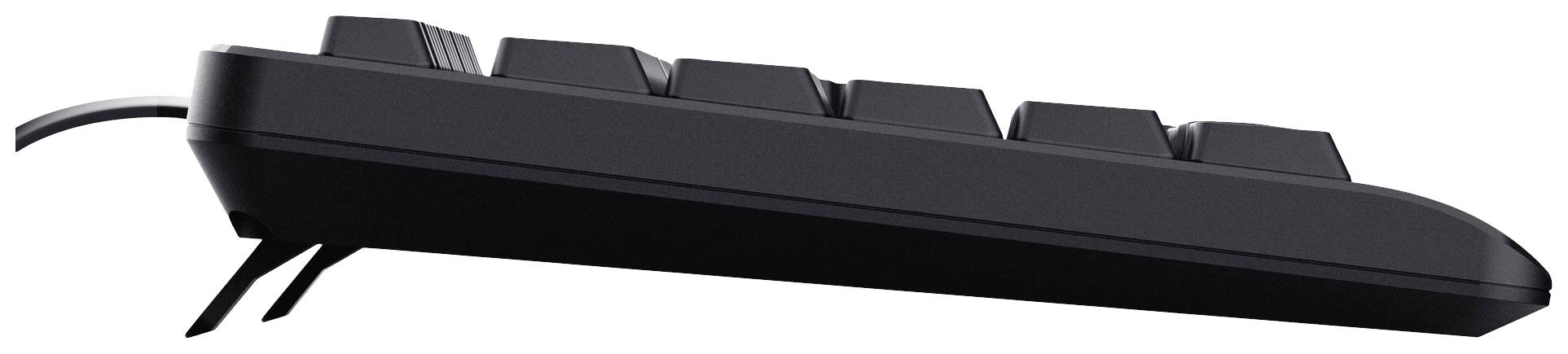 Vue latérale d'un clavier d'ordinateur noir avec ses pieds déployés, montrant une légère inclinaison.