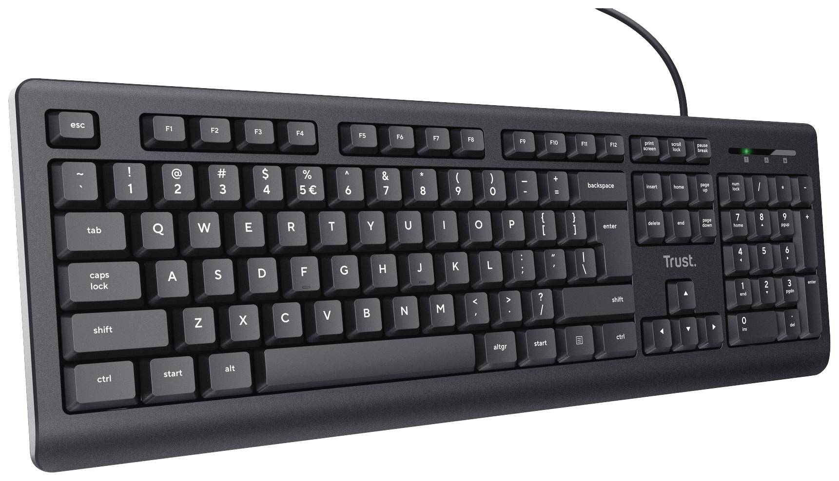 Clavier filaire noir avec disposition allemande QWERTZ, incluant des touches de fonction et un pavé numérique, adapté à une utilisation standard sur PC.