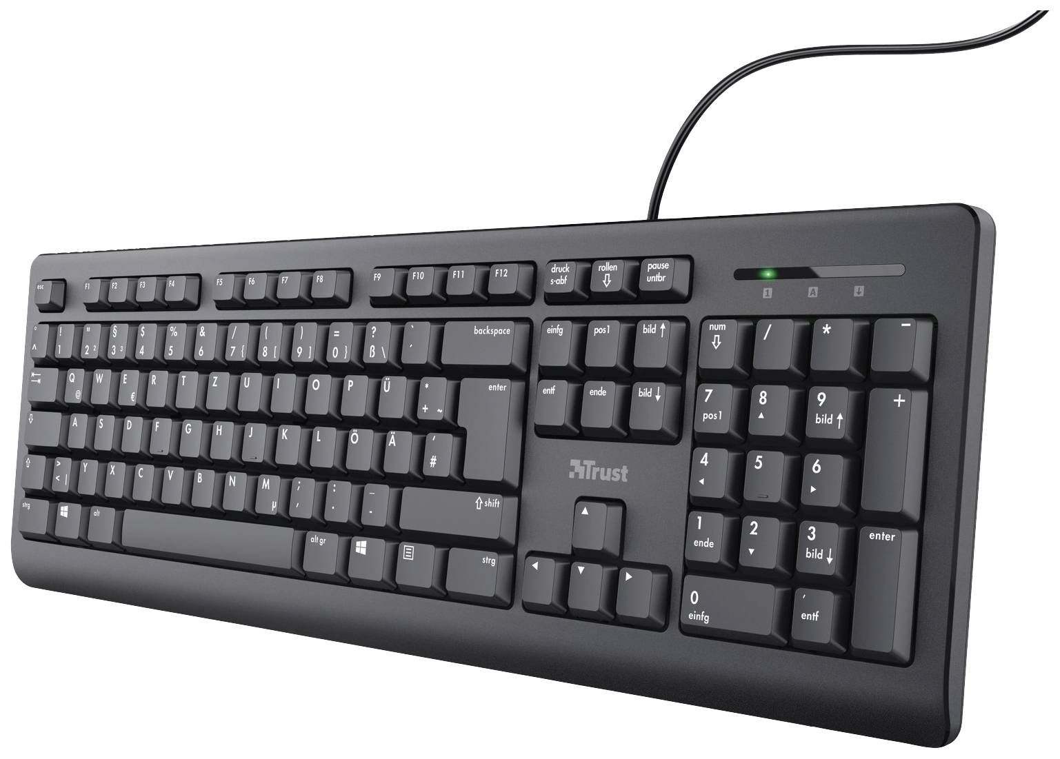 Un clavier d'ordinateur noir avec pavé numérique, touches fléchées et touches de fonction. Le clavier est filaire.