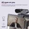 Une webcam est montée sur un écran affichant un homme à lunettes. Texte : 'Tous les regards sont braqués sur vous', fonctionnalités automatiques mises en avant.