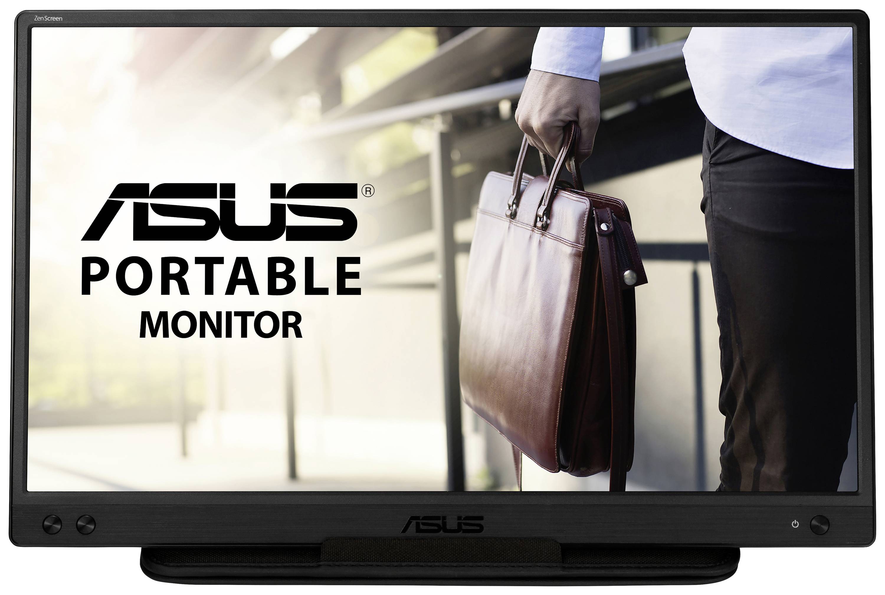 Un moniteur portable ASUS affiche une image d'une personne portant une sacoche. Texte 'Moniteur portable ASUS'.