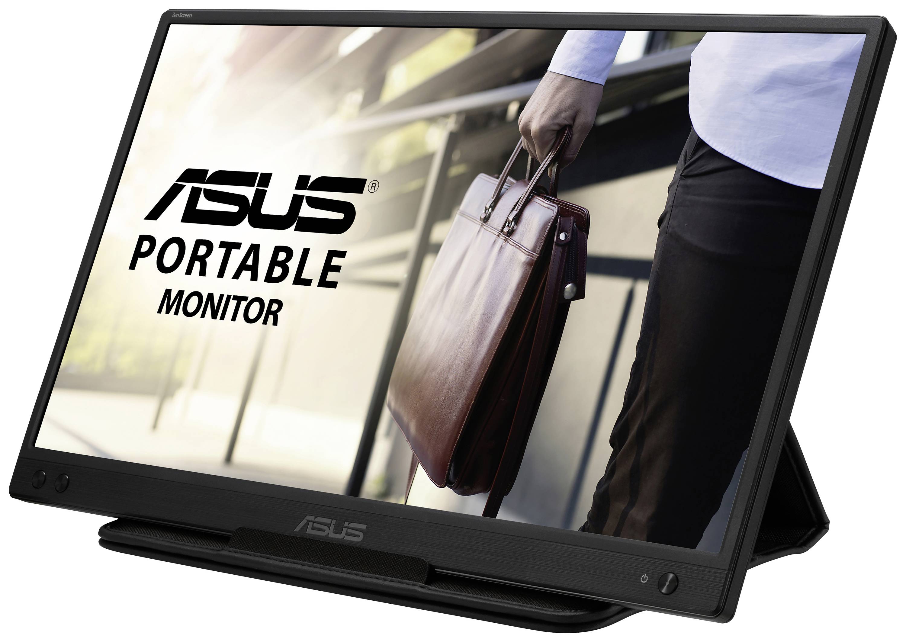 Moniteur portable Asus, montrant un homme en costume avec un sac en cuir, debout.