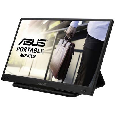 Moniteur portable Asus, montrant un homme en costume avec un sac en cuir, debout.
