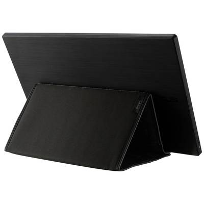 Un moniteur portable avec un support pliant noir, représenté de dos.