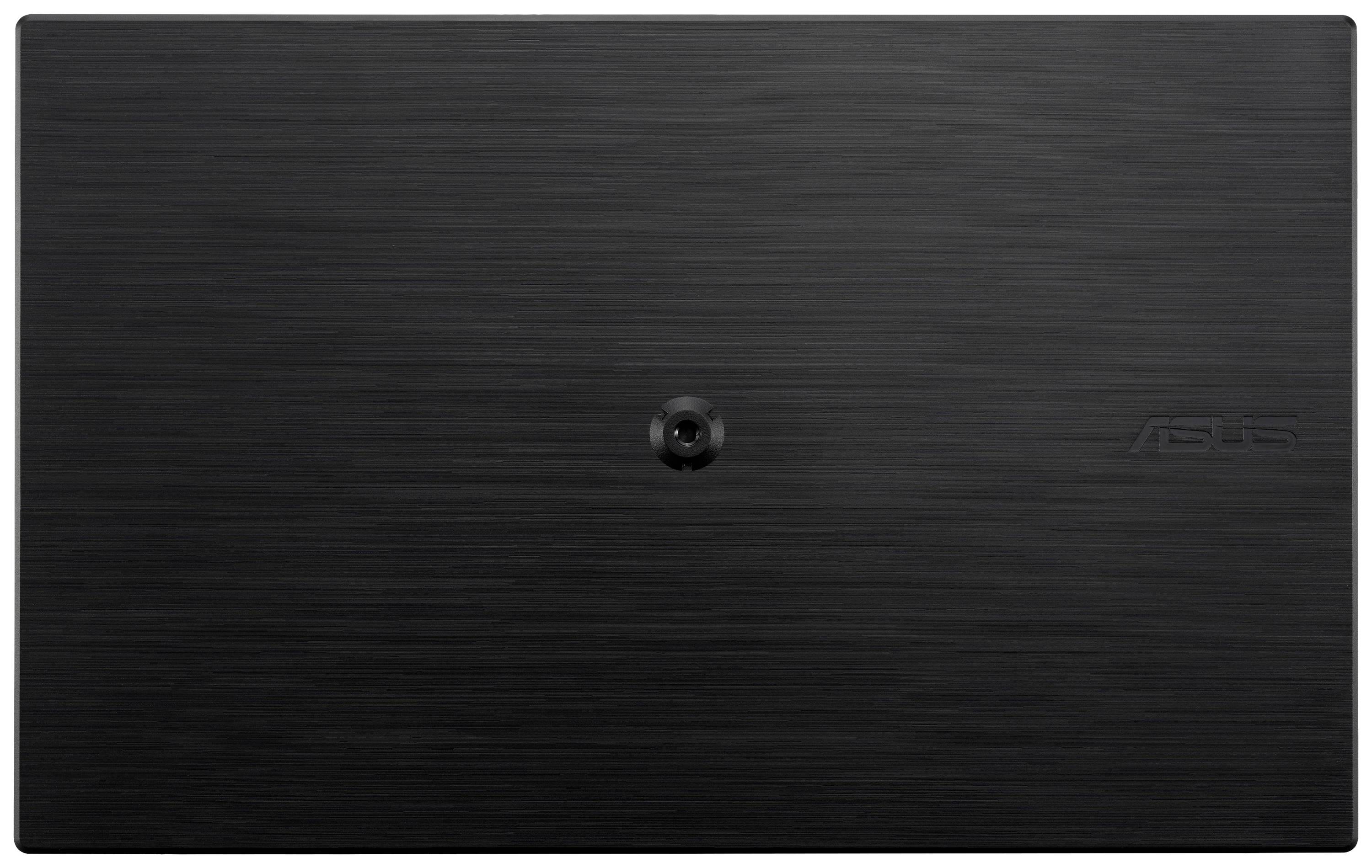 Un couvercle d'ordinateur portable noir avec une texture et une charnière placée au centre. Sur le côté droit, le logo d'une marque électronique réputée.