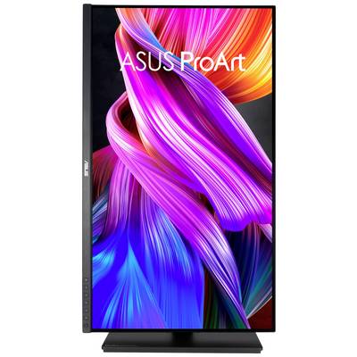 Un moniteur ASUS ProArt avec un arrière-plan abstrait et coloré présente des rubans de couleur entrelacés et lumineux en violet, rose et bleu.