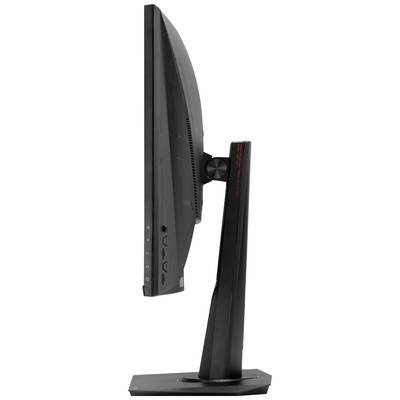 Vue latérale d'un écran d'ordinateur noir au design élégant, monté sur un support réglable.