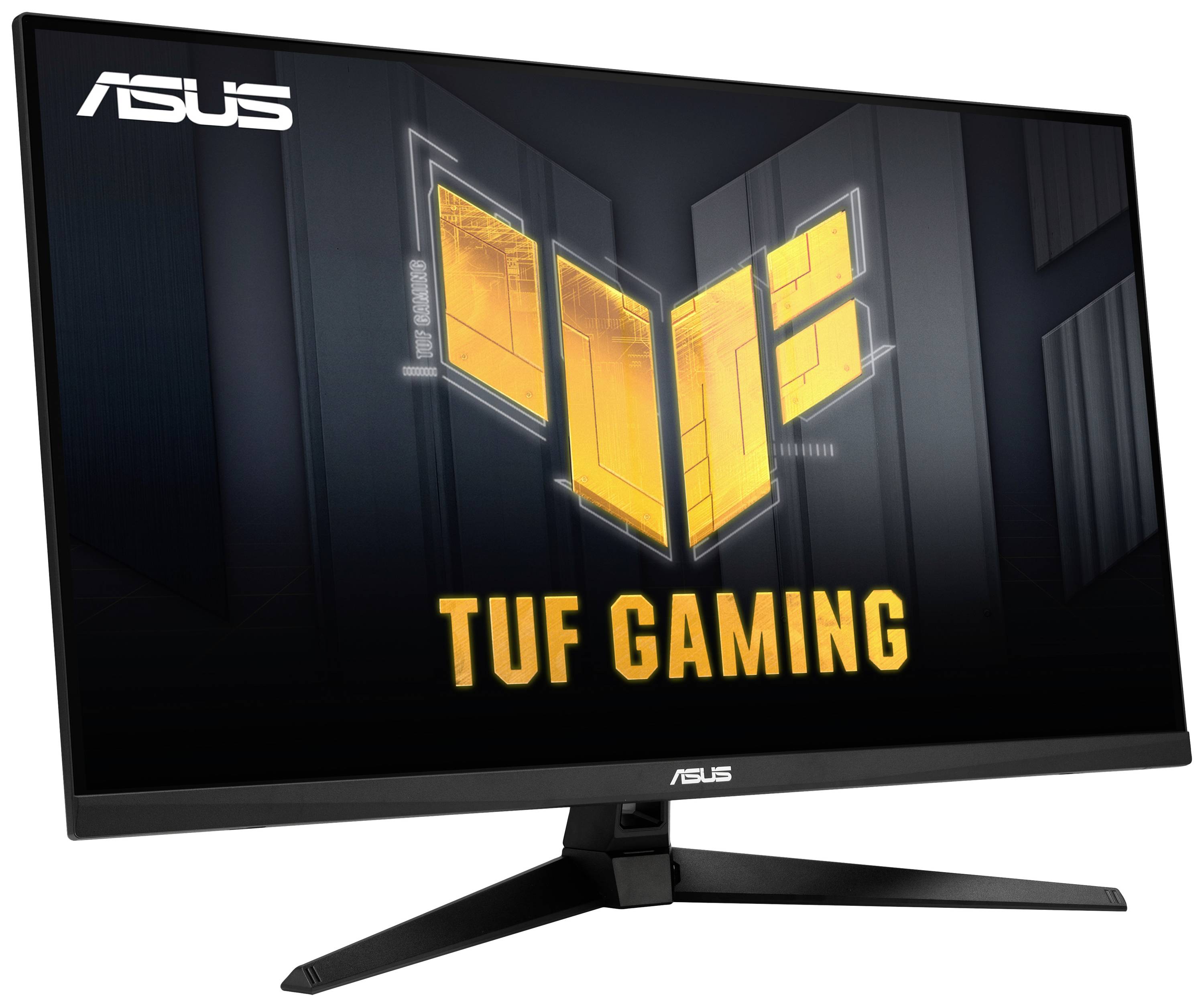Moniteur de gaming ASUS TUF, design noir, avec un grand écran et le logo TUF Gaming orange à l'écran.