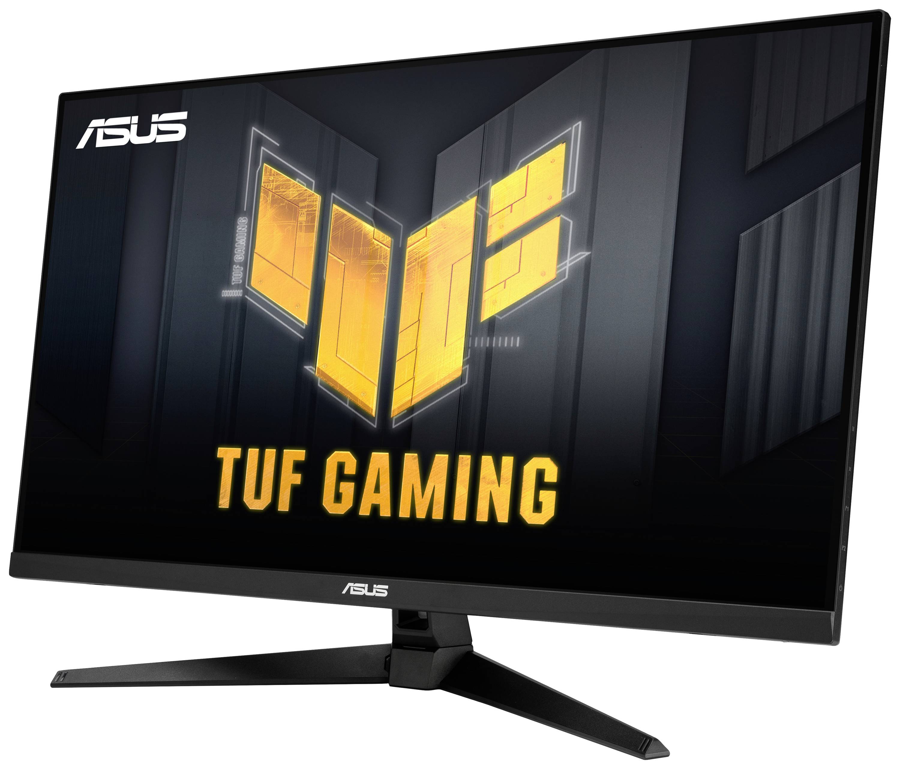 Un moniteur gaming ASUS TUF avec un logo rétroéclairé sur l'écran, monté sur un support noir.