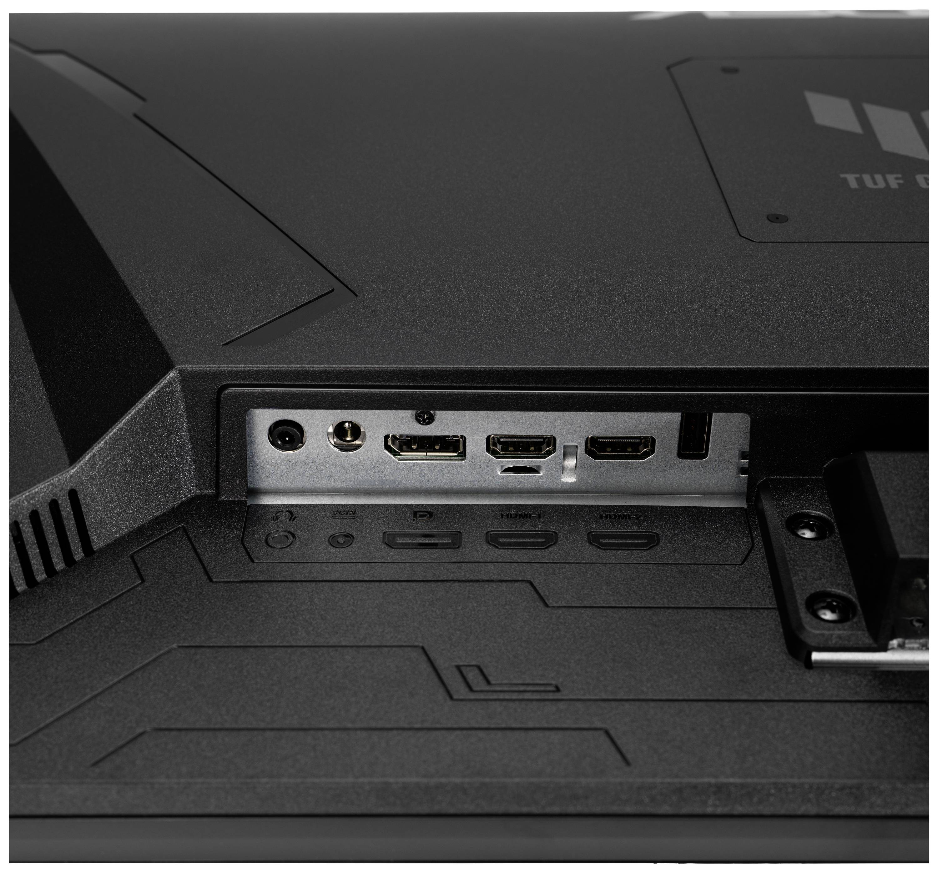 Dos d'un moniteur avec des ports visibles : une prise d'alimentation, deux ports HDMI, un port DisplayPort et une prise casque.