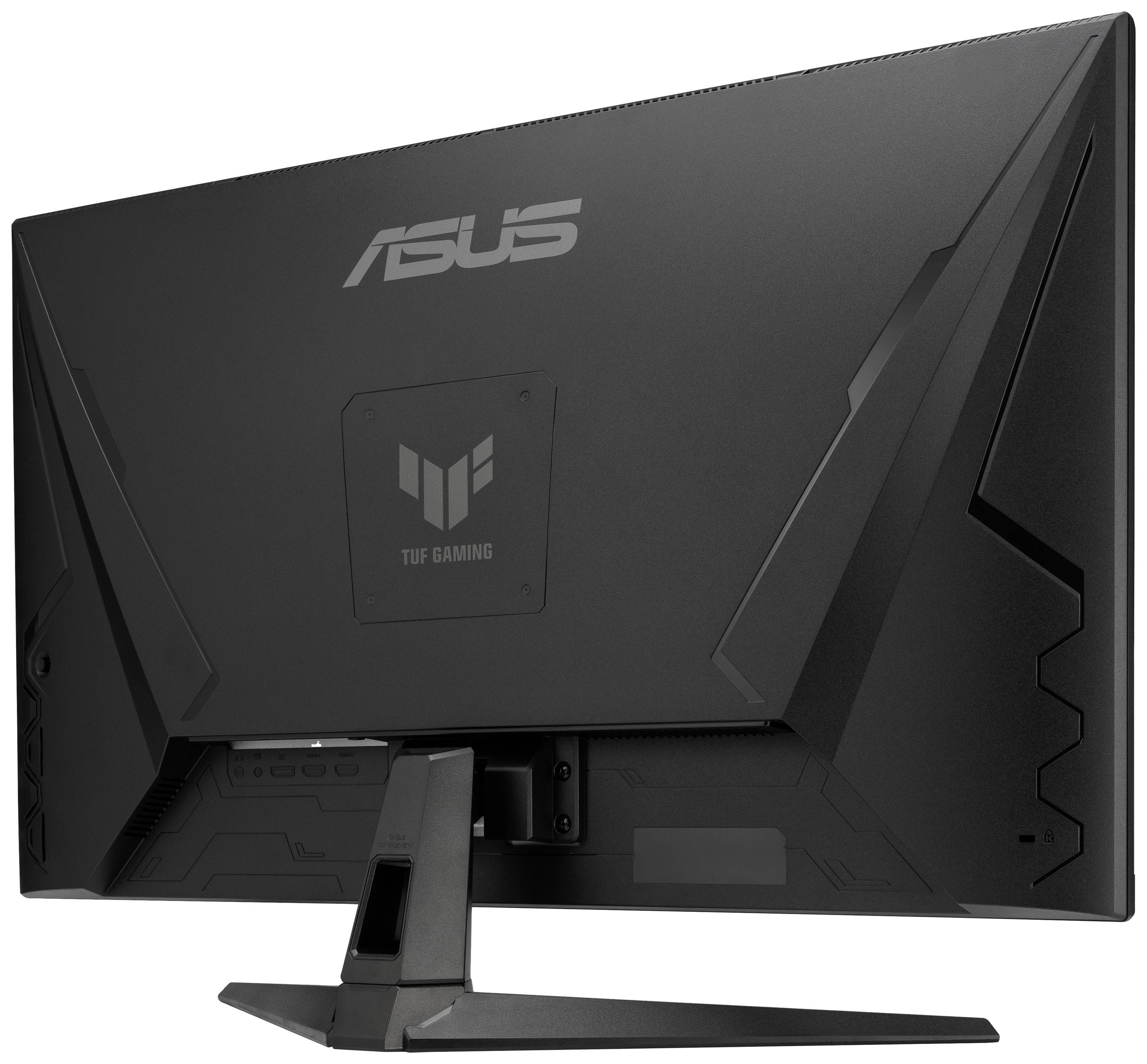 Arrière d'un moniteur noir de la marque Asus, modèle TUF Gaming, au design anguleux, posé sur un socle rectangulaire.