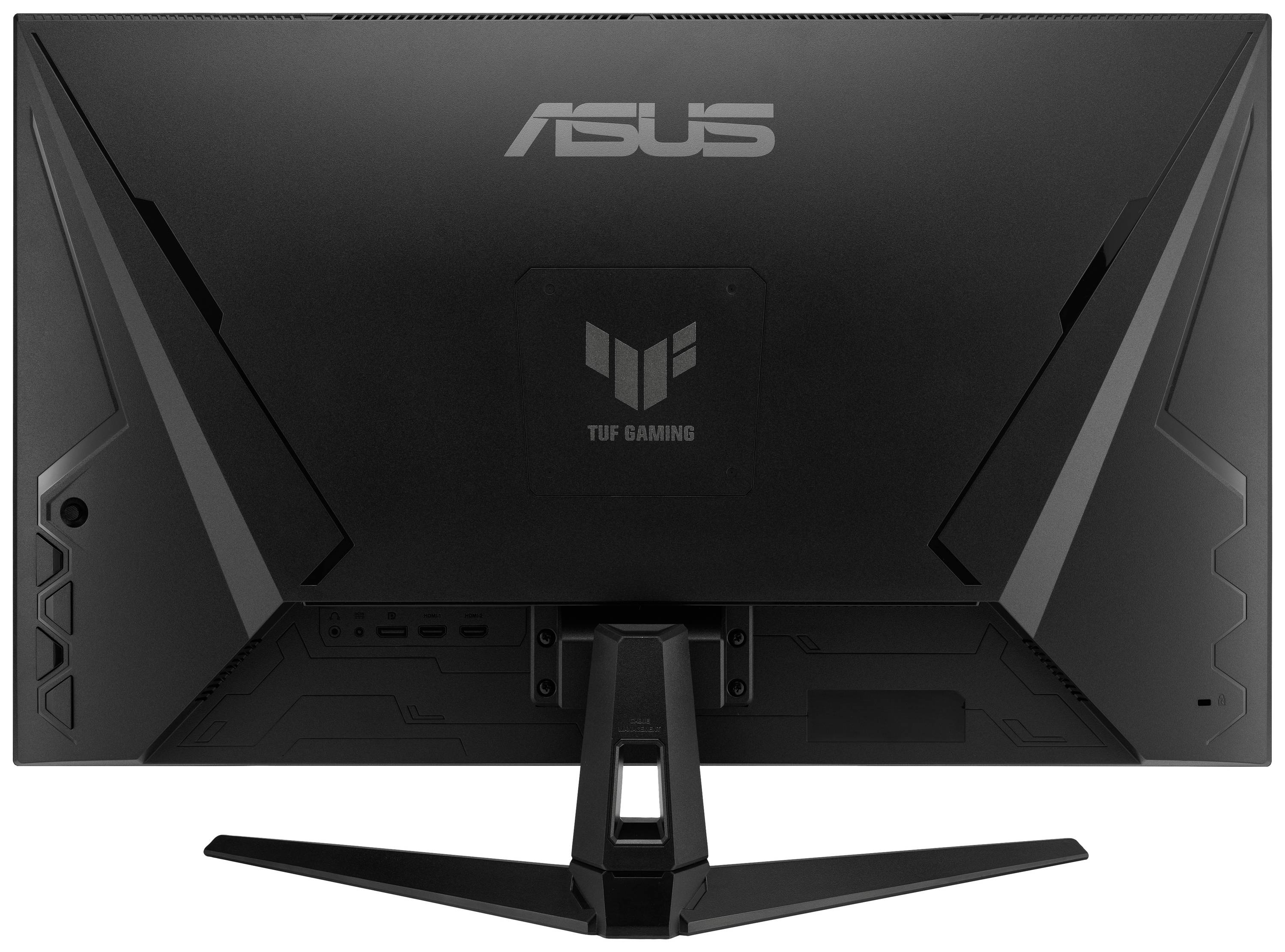 Vue arrière d'un moniteur gaming Asus TUF, doté d'un design élégant et d'un socle robuste.