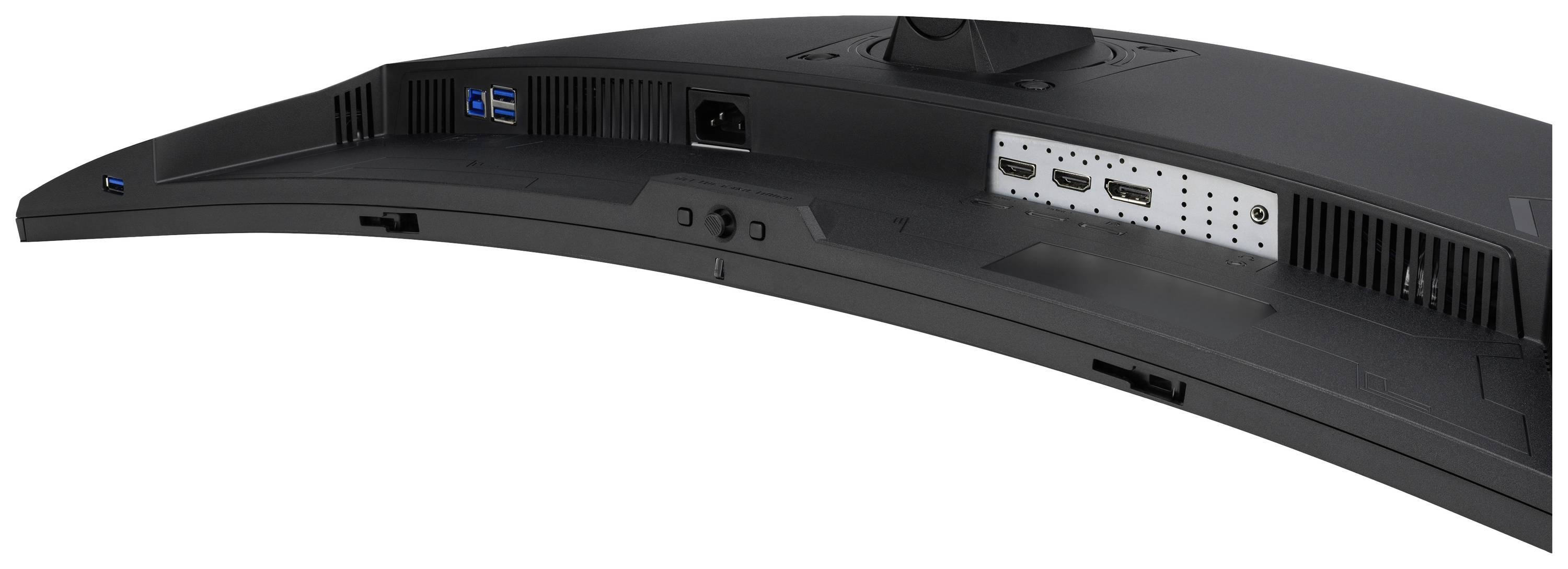 Verso d'un moniteur avec des connexions : ports USB, connexion d'alimentation et ports HDMI. Présente les options de connexion de l'appareil.