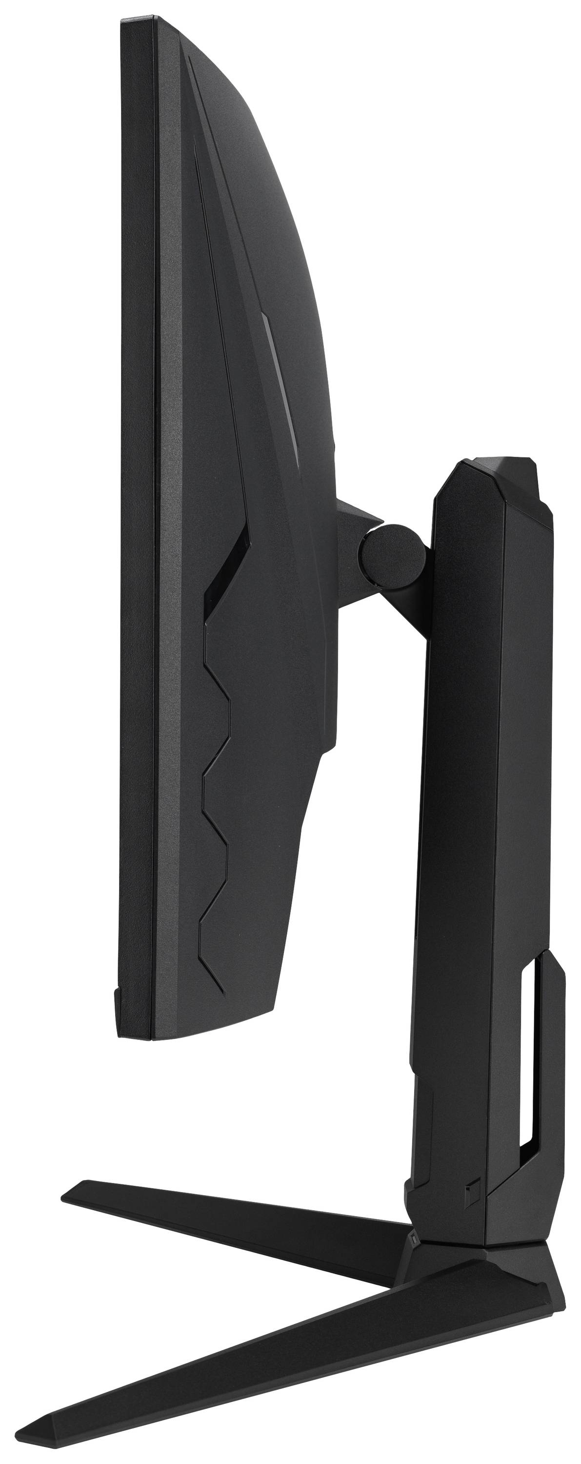 Un moniteur d'ordinateur noir orienté latéralement sur un support vertical.