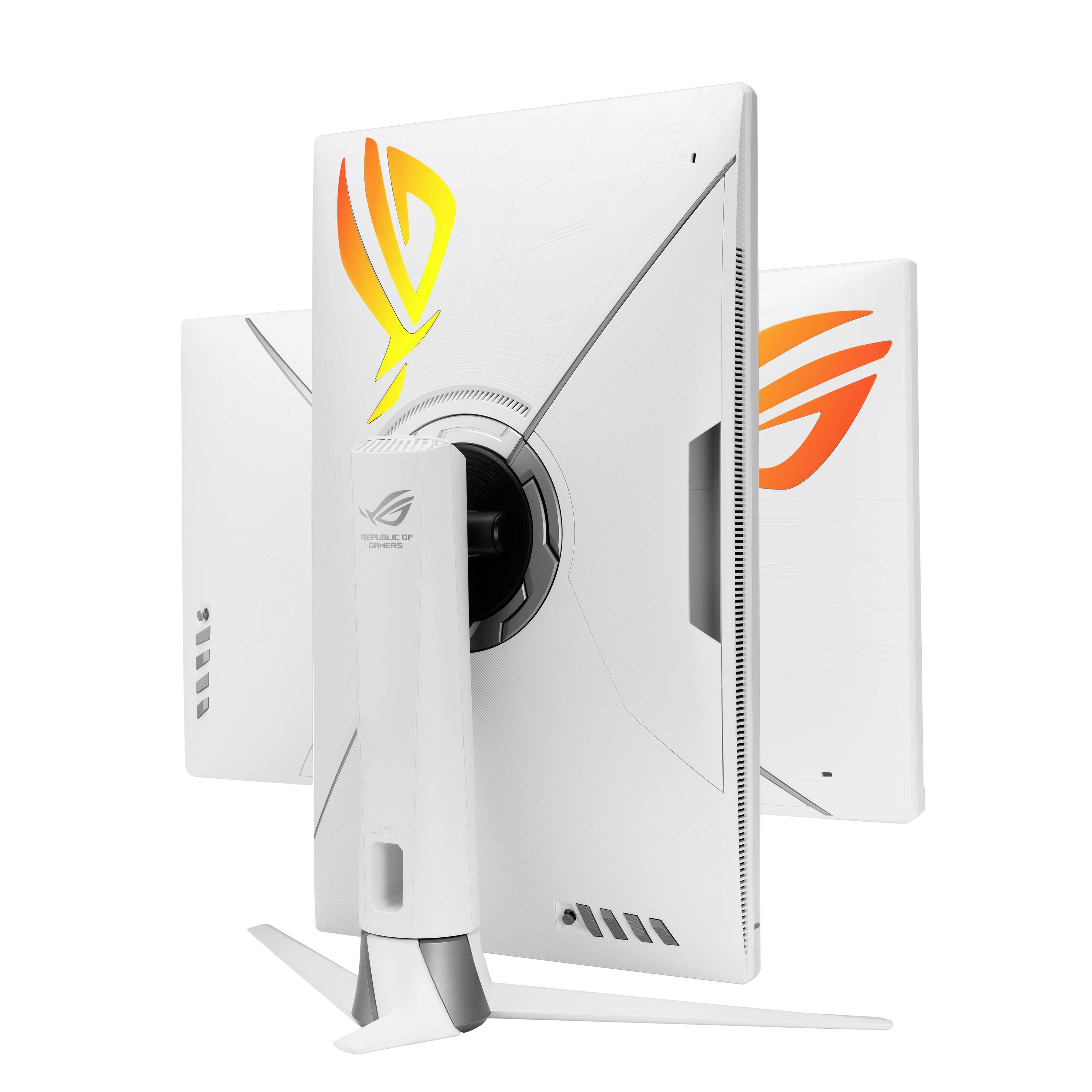 Moniteur de jeu blanc avec un logo lumineux orange et jaune à l'arrière. Il est monté sur un socle étroit et présente un design moderne.