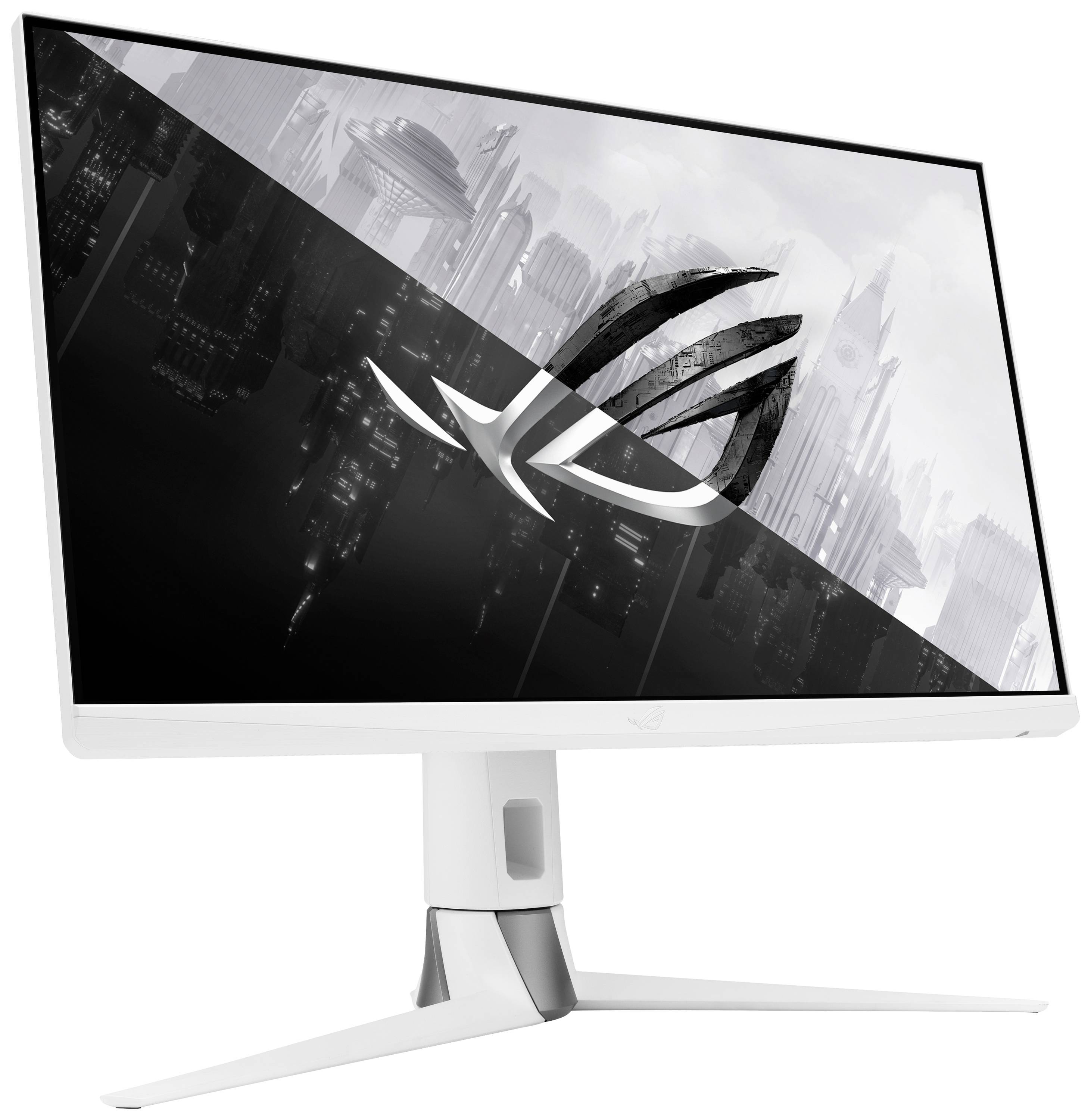 Un écran d'ordinateur blanc affiche le logo d'une entreprise de jeux vidéo devant une vue de ville futuriste en nuances de gris.