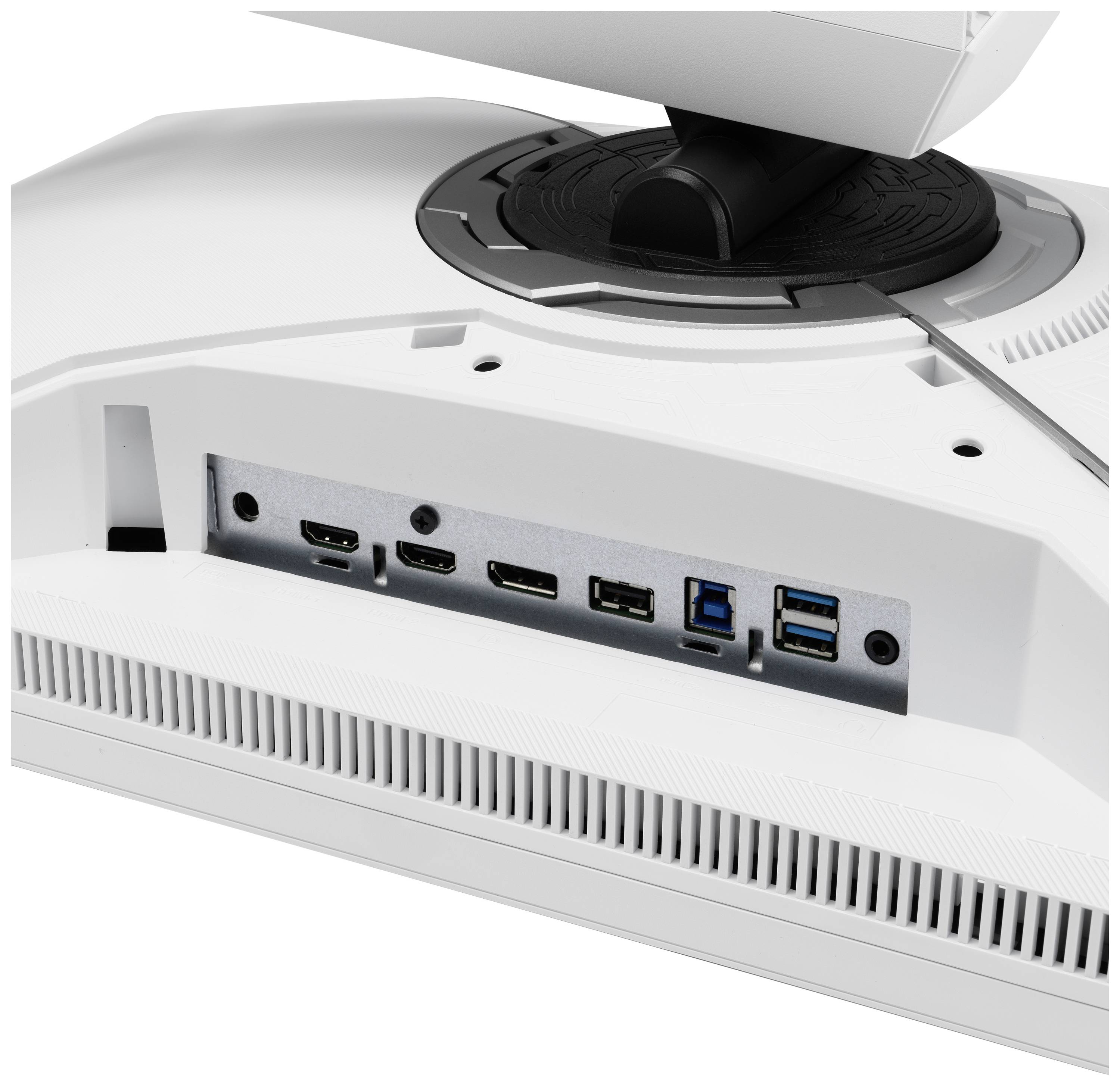 Arrière d'un moniteur blanc avec plusieurs ports : HDMI, DisplayPort, USB et port d'alimentation.