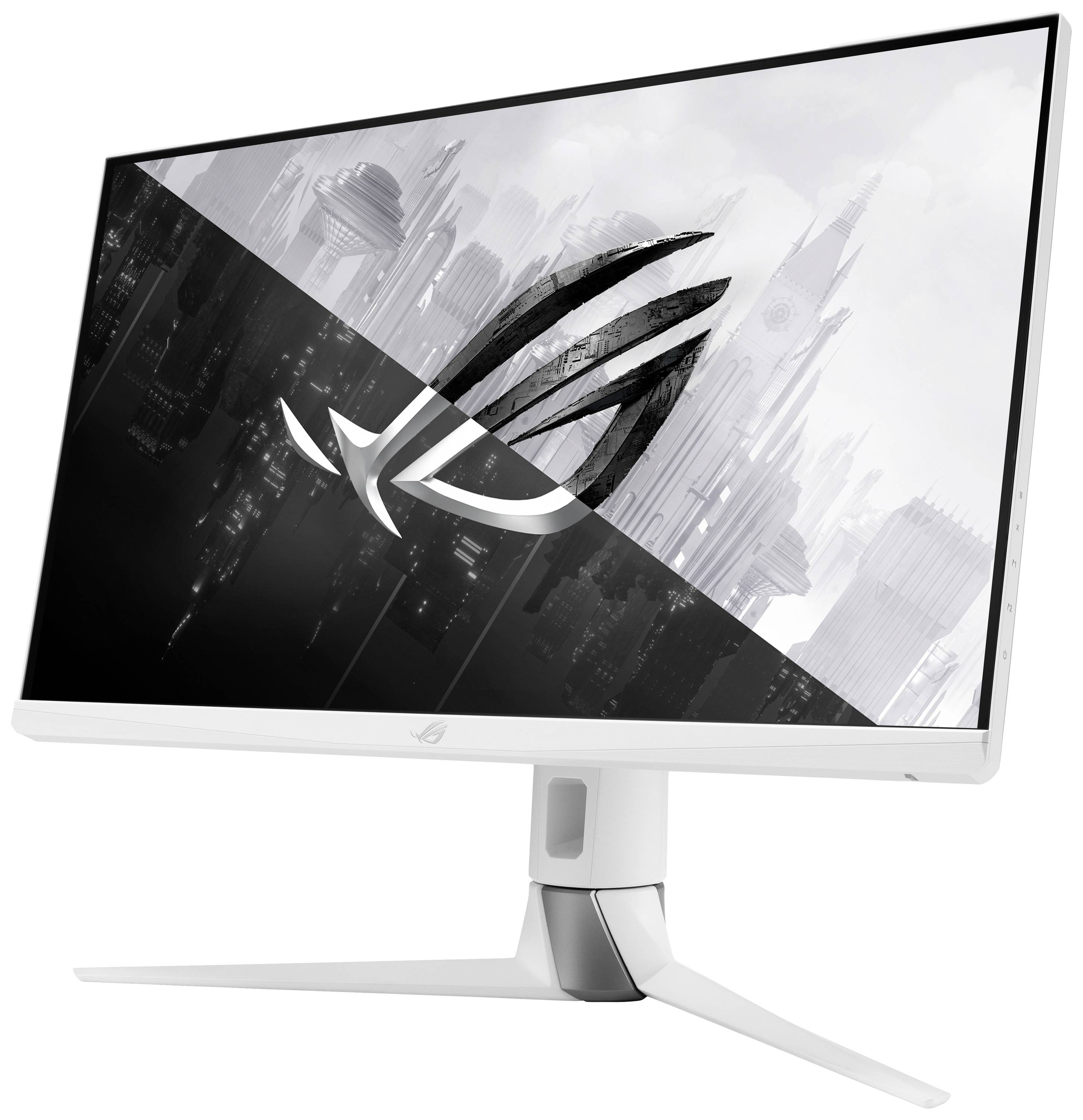 Un moniteur de jeu moderne à cadre blanc affiche un paysage urbain futuriste et un logo stylisé sur son écran.